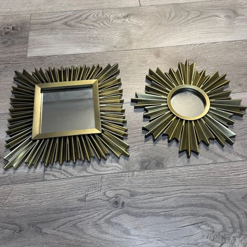 MCM Atomic Style Decorative Mirrors Set of 2 Sun Starburst Brushed Gold Tone 10